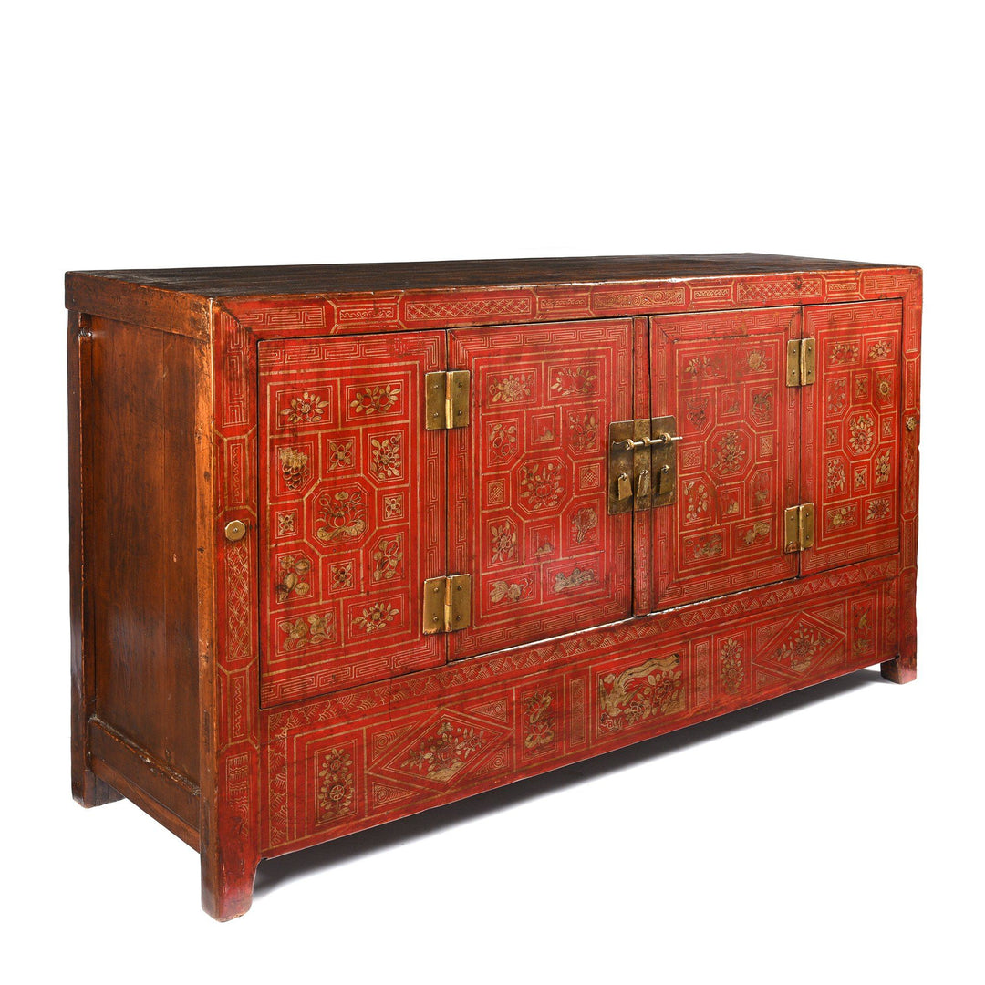 Painting Detail from a Vintage Chinese Red Lacquer Dongbei Sideboard - Early 20thC | Indigo Oriental Antiques