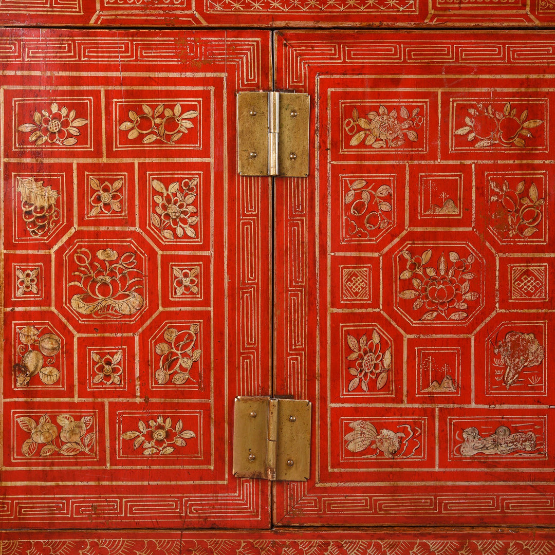 Painting Detail from a Vintage Chinese Red Lacquer Dongbei Sideboard - Early 20thC | Indigo Oriental Antiques