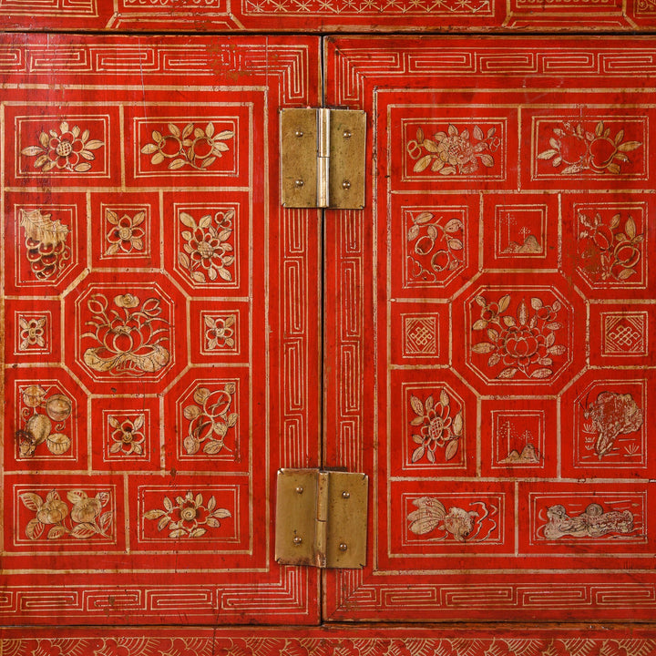 Painting Detail from a Vintage Chinese Red Lacquer Dongbei Sideboard - Early 20thC | Indigo Oriental Antiques