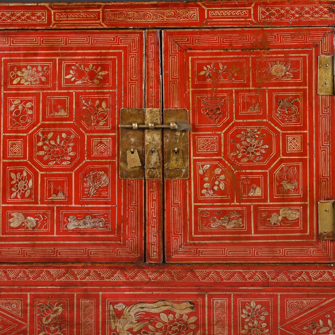 Painting Detail from a Vintage Chinese Red Lacquer Dongbei Sideboard - Early 20thC | Indigo Oriental Antiques