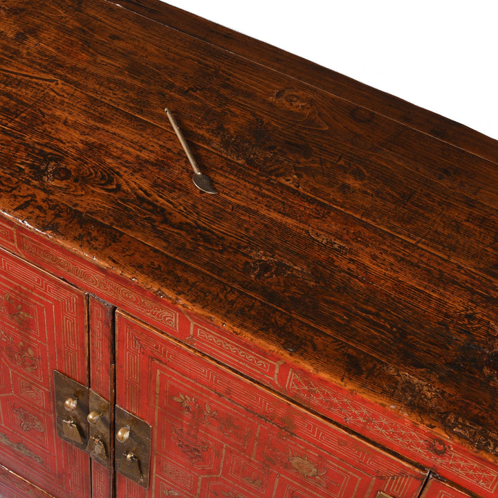 Painting Detail from a Vintage Chinese Red Lacquer Dongbei Sideboard - Early 20thC | Indigo Oriental Antiques