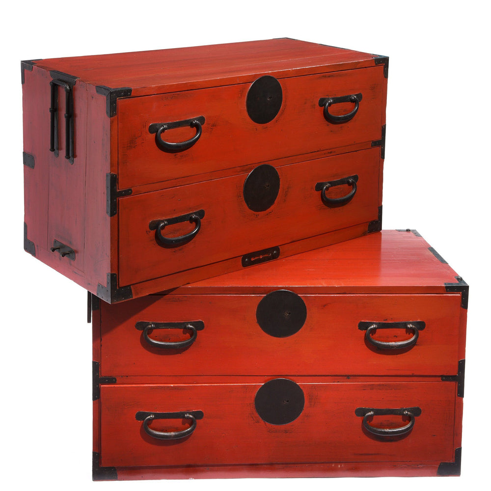Red Painted Japanese Isho Dansu Chest of Drawers - Taishō Period