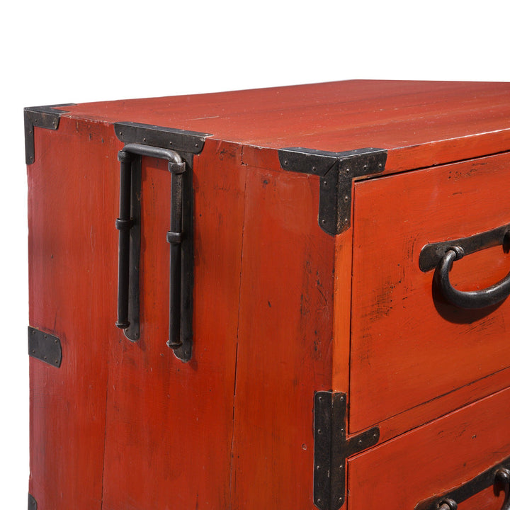 Red Painted Japanese Isho Dansu Chest of Drawers - Taishō Period