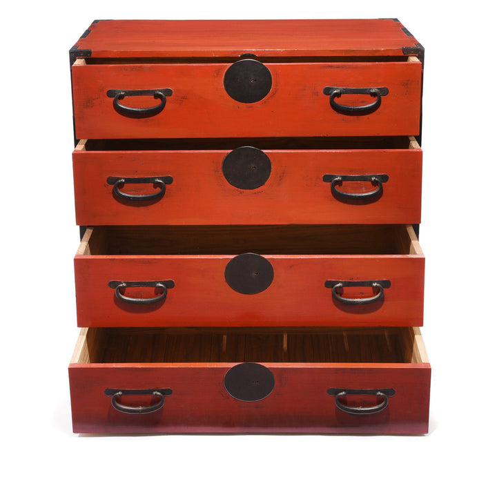 Red Painted Japanese Isho Dansu Chest of Drawers - Taishō Period