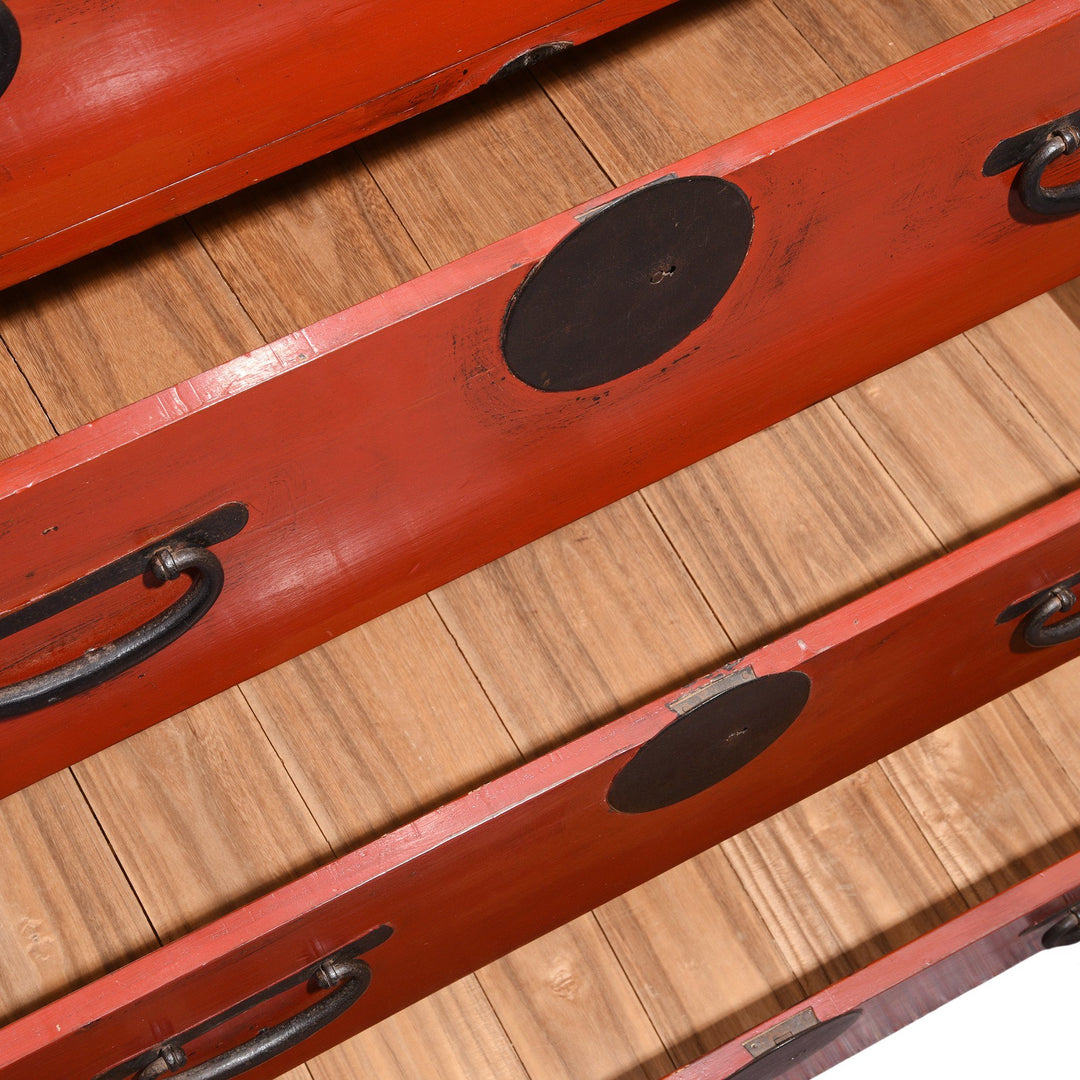 Red Painted Japanese Isho Dansu Chest of Drawers - Taishō Period