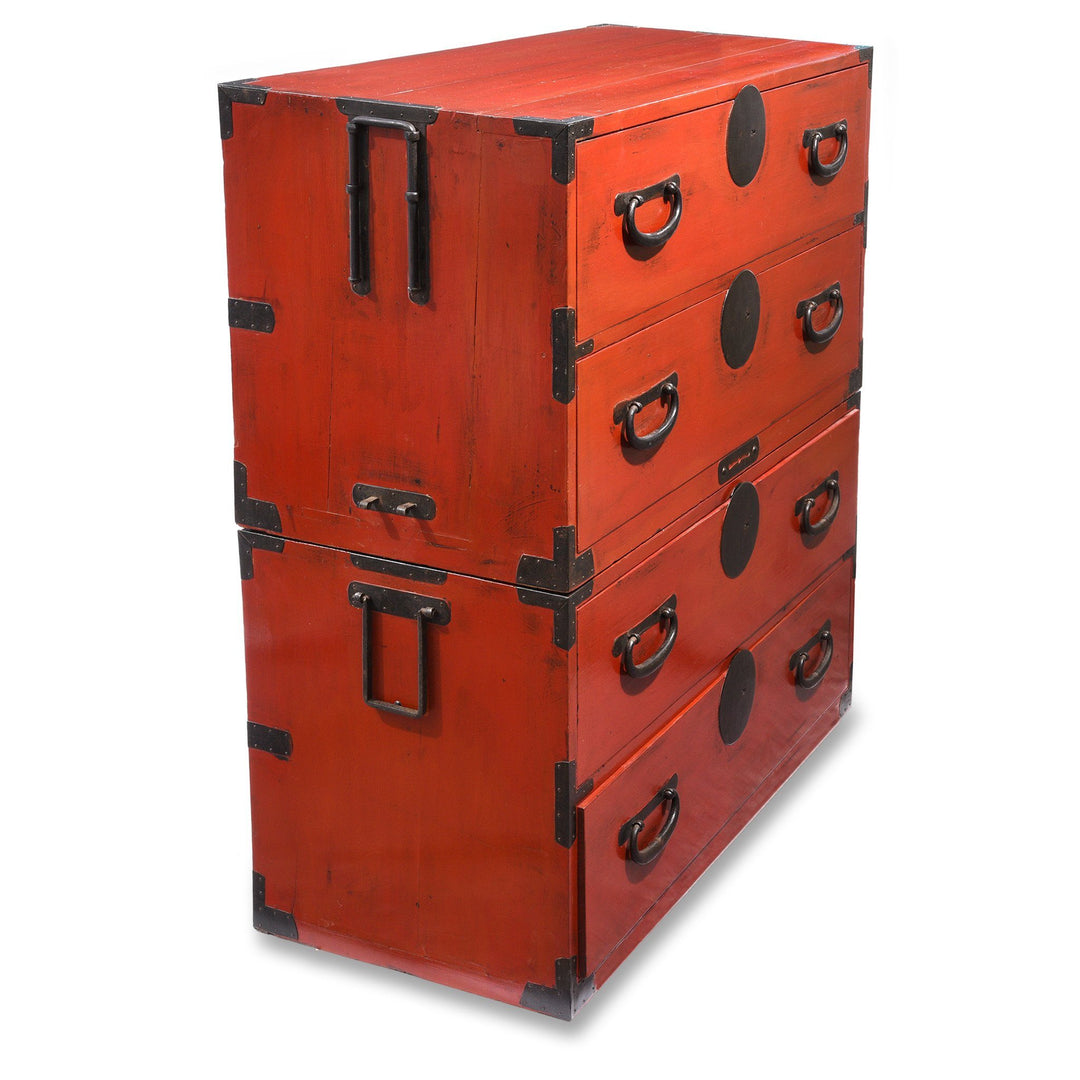 Red Painted Japanese Isho Dansu Chest of Drawers - Taishō Period
