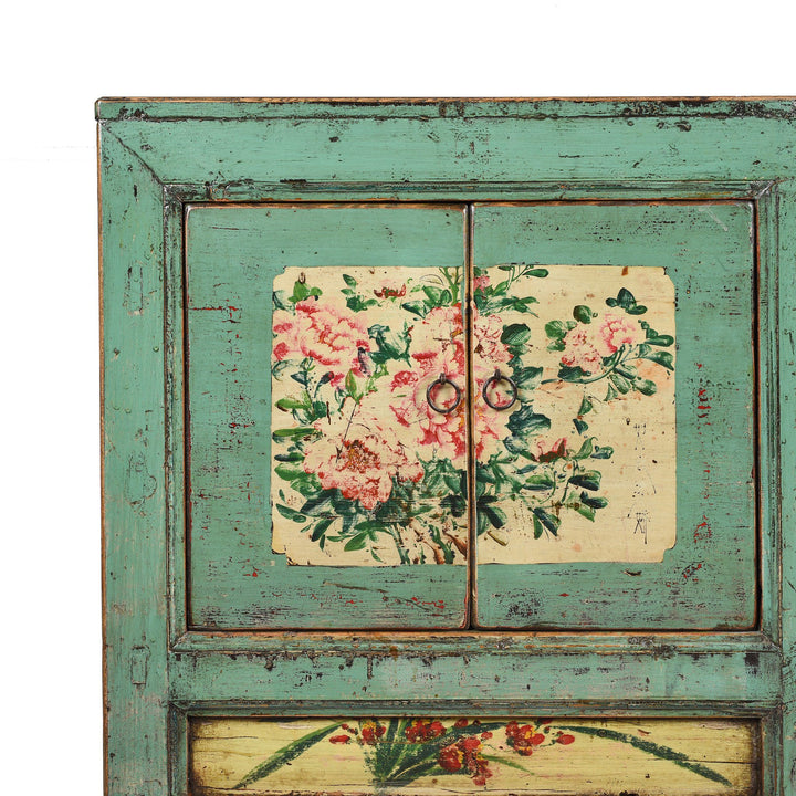 Floral Painting Detail from a Vintage Mint Painted Sideboard From Shanxi - Ca 1930 | Indigo Antiques