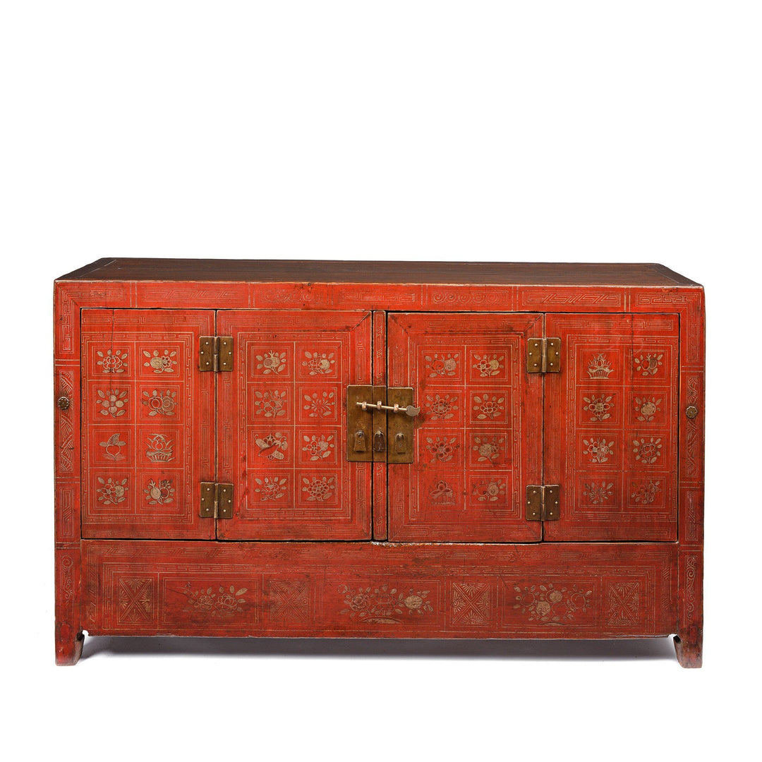 Vintage Red Lacquer Chinese Dongbei Painted Sideboard - Early 20thC | Indigo Oriental Antiques