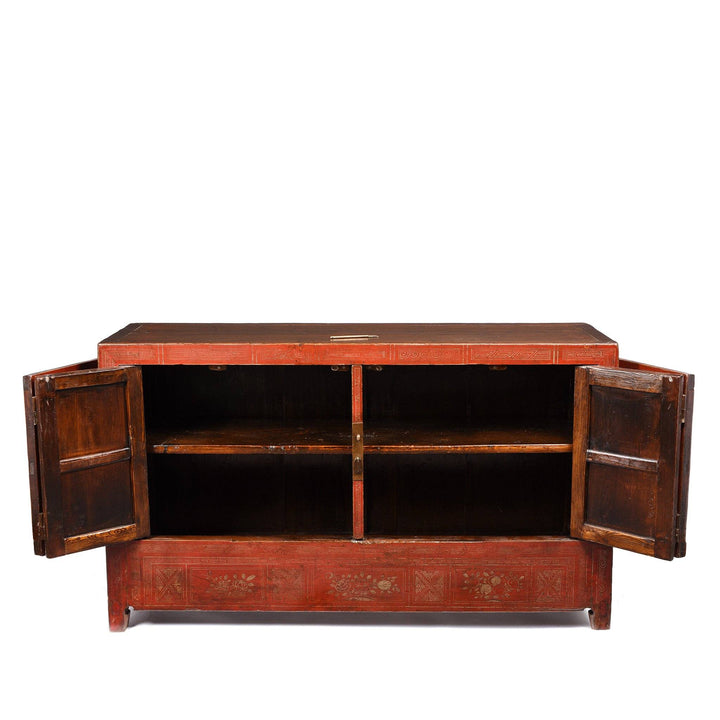 Open Detail from a Vintage Red Lacquer Chinese Dongbei Painted Sideboard - Early 20thC | Indigo Oriental Antiques