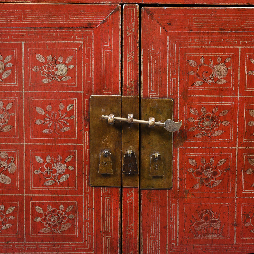 Brass detail from a Vintage Red Lacquer Chinese Dongbei Painted Sideboard - Early 20thC | Indigo Oriental Antiques