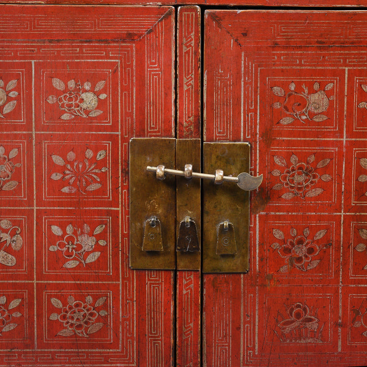 Brass detail from a Vintage Red Lacquer Chinese Dongbei Painted Sideboard - Early 20thC | Indigo Oriental Antiques