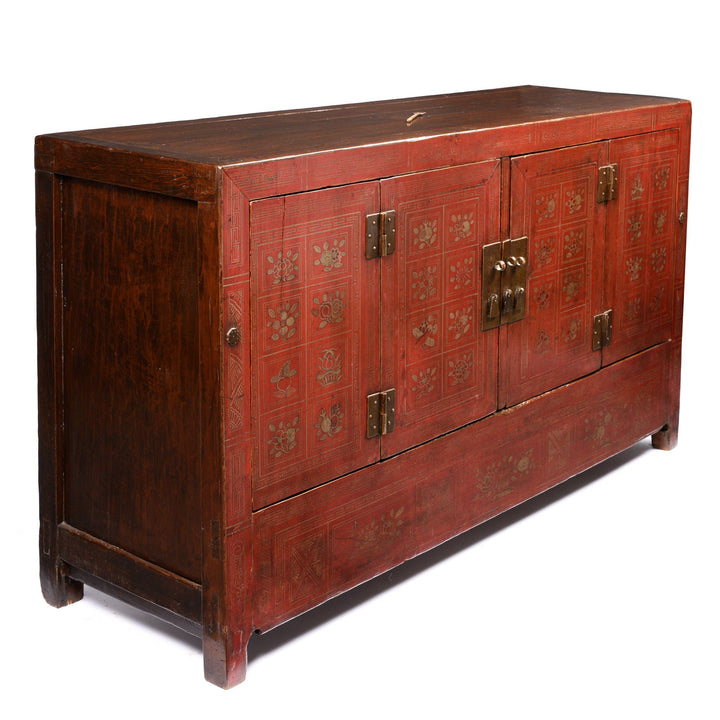 Side detail from a Vintage Red Lacquer Chinese Dongbei Painted Sideboard - Early 20thC | Indigo Oriental Antiques