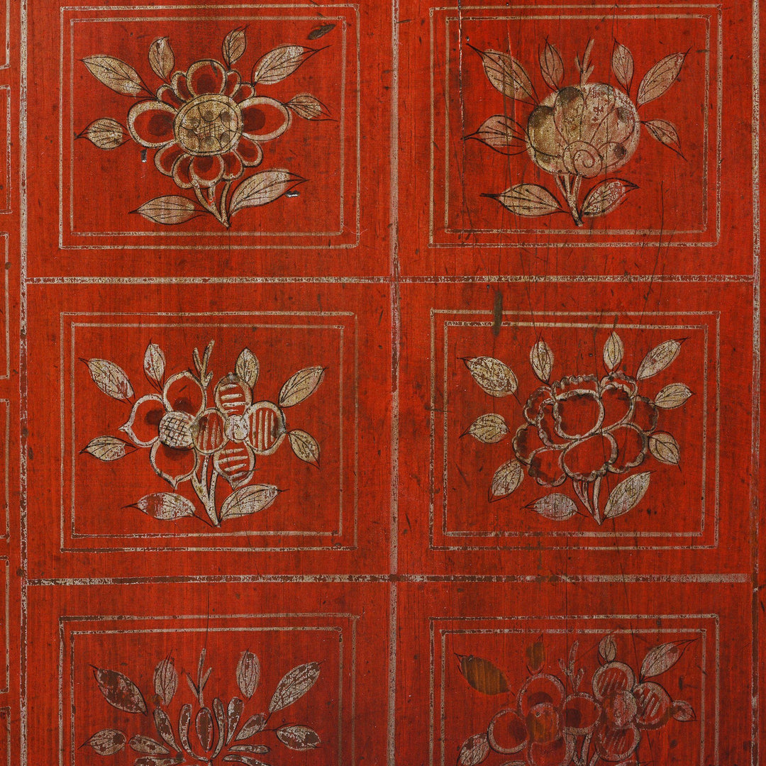 Painting detail from a Vintage Red Lacquer Chinese Dongbei Painted Sideboard - Early 20thC | Indigo Oriental Antiques