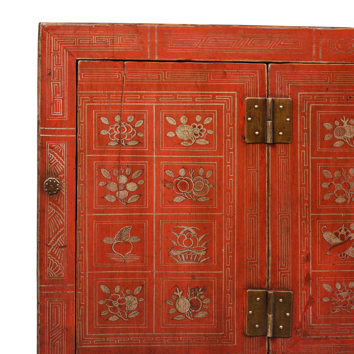 Corner detail from a Vintage Red Lacquer Chinese Dongbei Painted Sideboard - Early 20thC | Indigo Oriental Antiques