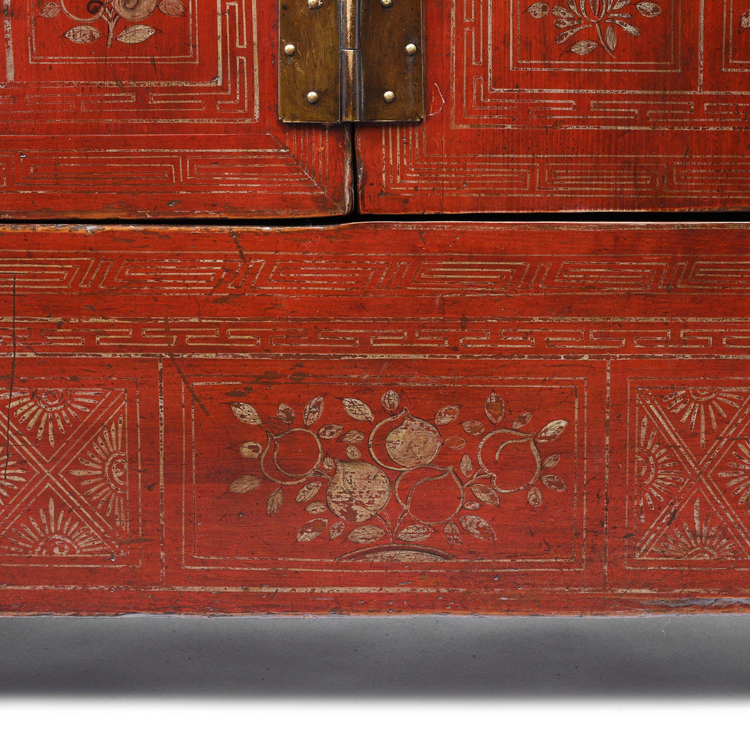 Painting detail from a Vintage Red Lacquer Chinese Dongbei Painted Sideboard - Early 20thC | Indigo Oriental Antiques