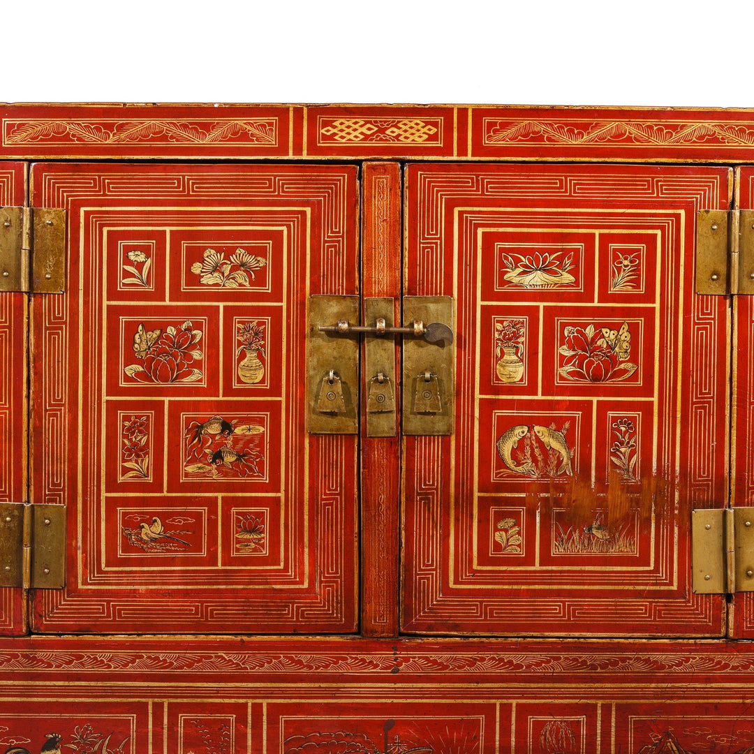 Chinese Scene Detail of a Vintage Chinese Red Lacquer Dongbei Sideboard - Early 20thC | Indigo Oriental Antiques