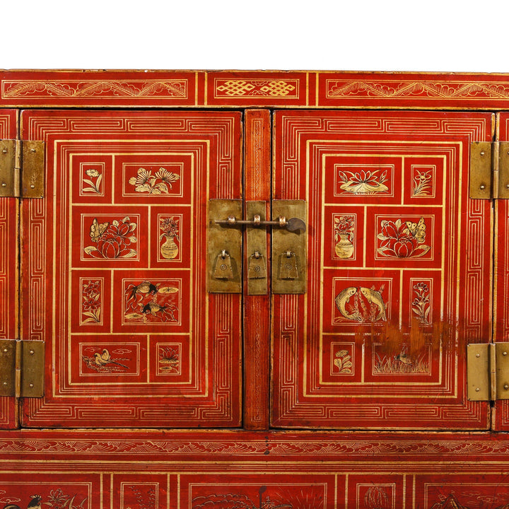 Chinese Scene Detail of a Vintage Chinese Red Lacquer Dongbei Sideboard - Early 20thC | Indigo Oriental Antiques