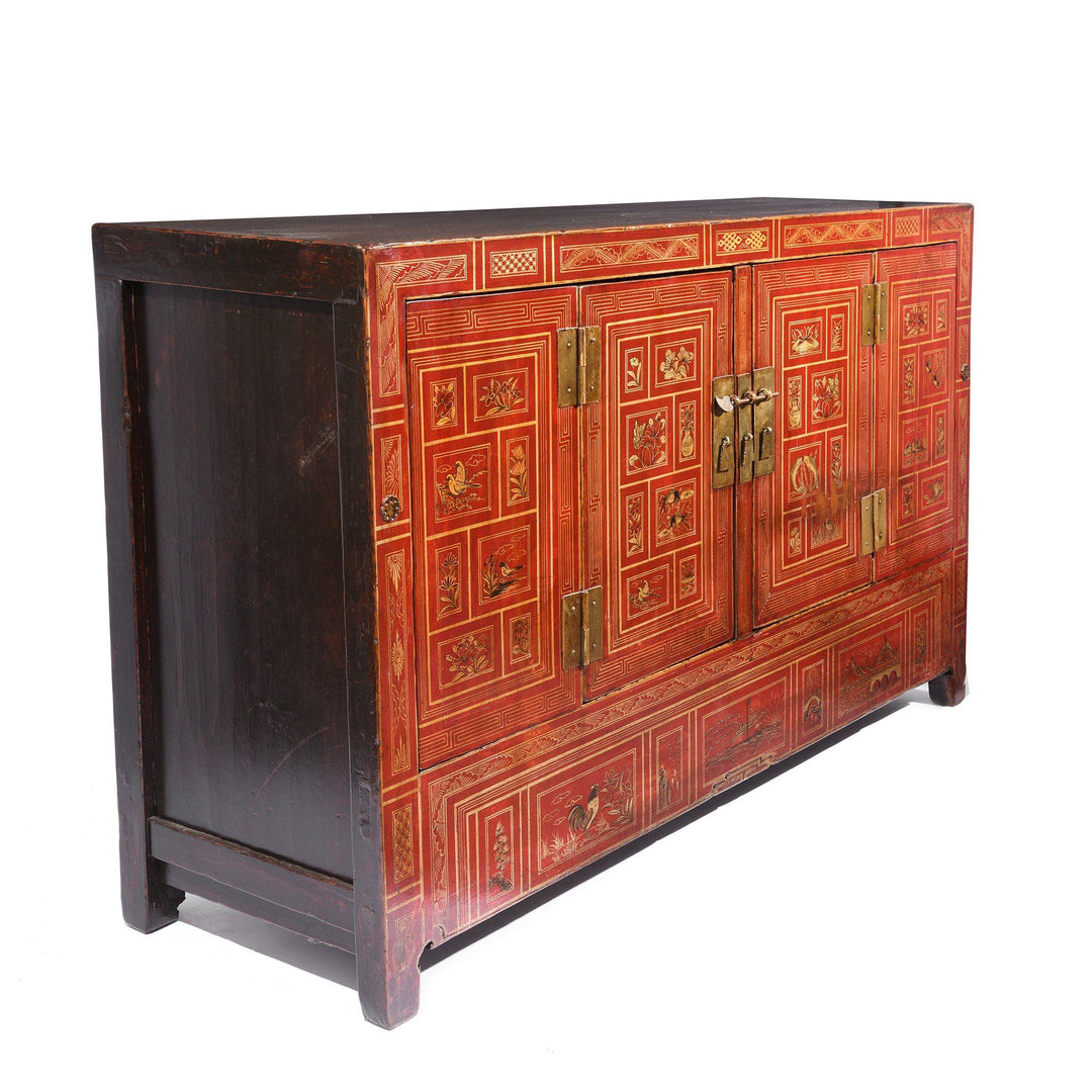 Side detail of a Vintage Chinese Red Lacquer Dongbei Sideboard - Early 20thC | Indigo Oriental Antiques