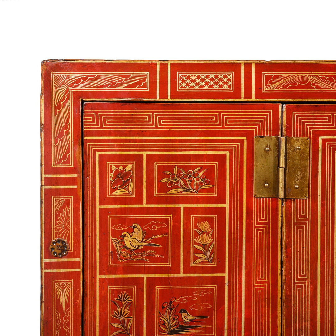 Chinese Scene Detail of a Vintage Chinese Red Lacquer Dongbei Sideboard - Early 20thC | Indigo Oriental Antiques