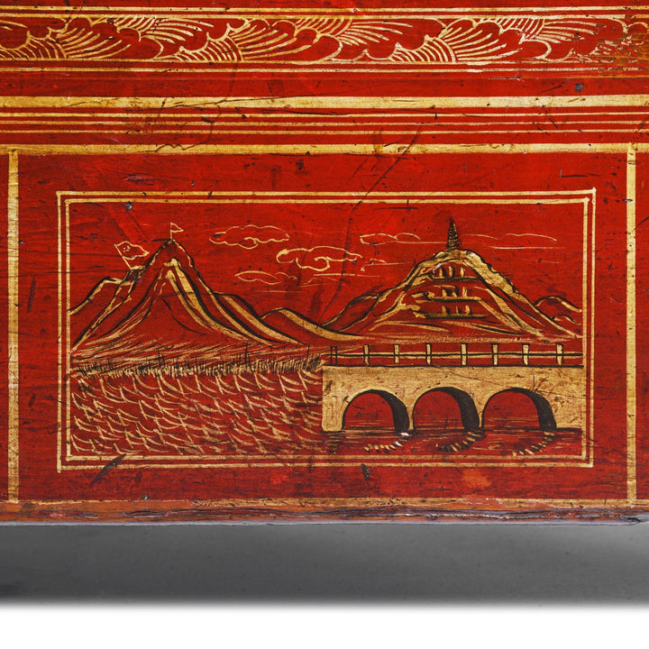 Chinese Scene Detail of a Vintage Chinese Red Lacquer Dongbei Sideboard - Early 20thC | Indigo Oriental Antiques