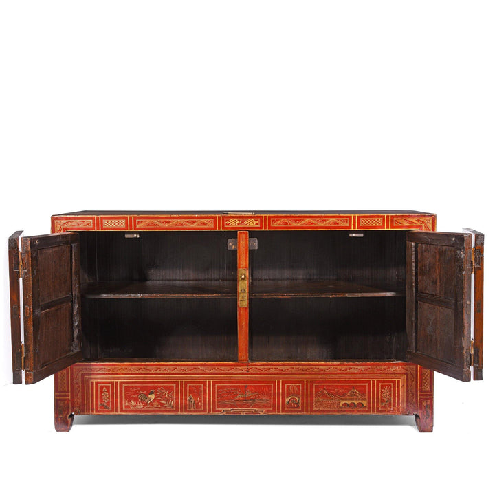 Open Detail of a Vintage Chinese Red Lacquer Dongbei Sideboard - Early 20thC | Indigo Oriental Antiques