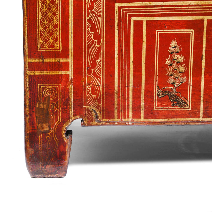 Leg detail of a Vintage Chinese Red Lacquer Dongbei Sideboard - Early 20thC | Indigo Oriental Antiques