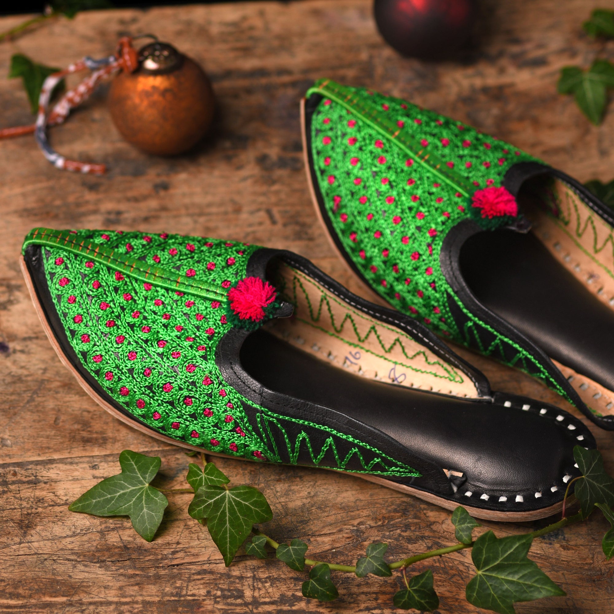 Handmade Indian Jutti Slippers. Green Embroidered Leather | Indigo Antiques