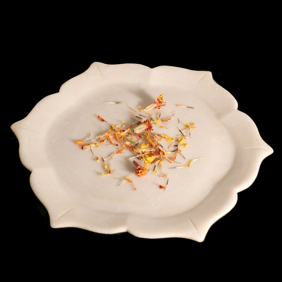 Mughal Style Carved Marble Plate From Rajasthan - 28 cms d - A5205