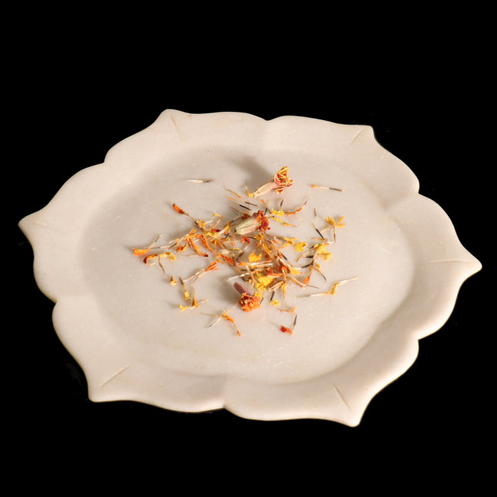 Mughal Style Carved Marble Plate From Rajasthan - 28 cms d - A5205
