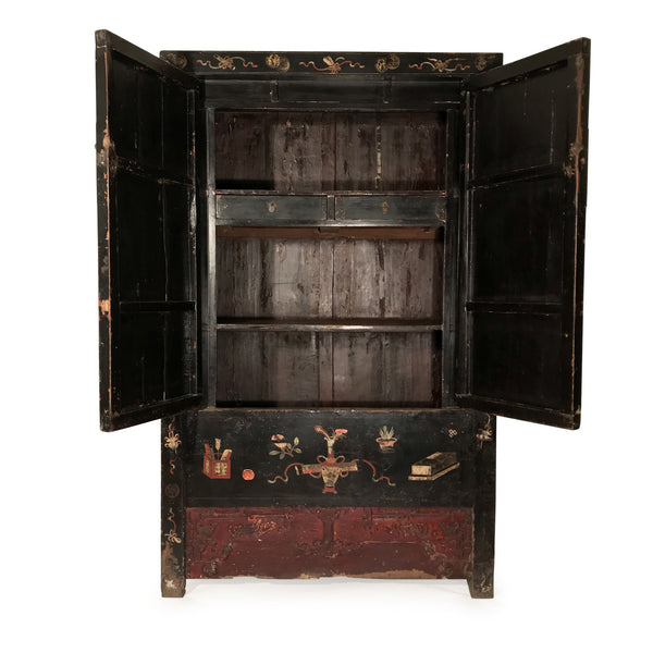 Antique Black Lacquer Wedding Cabinet From Shanxi - 19thC