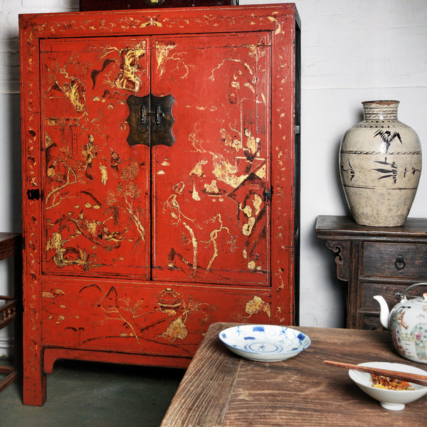 Antique Red Lacquer Wedding Cabinet from China - 19thC