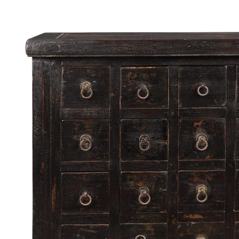 Corner Detail Of Black Painted Apothecary Chest From Shanxi - 19thC | Indigo Antiques
