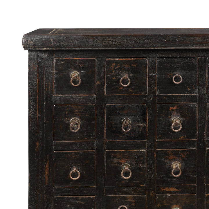 Corner Detail Of Black Painted Apothecary Chest From Shanxi - 19thC | Indigo Antiques