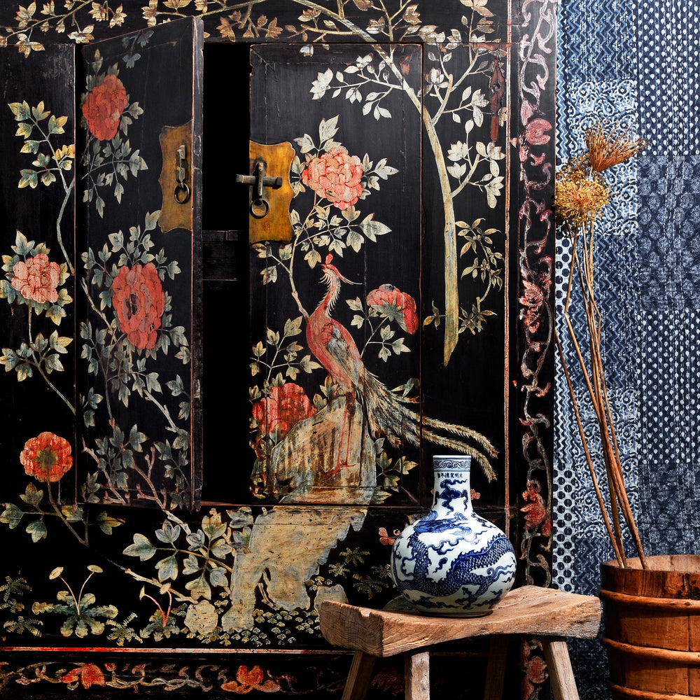 Chinese Black Lacquer Wedding Cabinet with original phoenix painting on-  19thC | Indigo Antiques