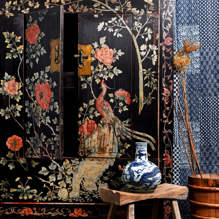 Chinese Black Lacquer Wedding Cabinet with original phoenix painting on-  19thC | Indigo Antiques