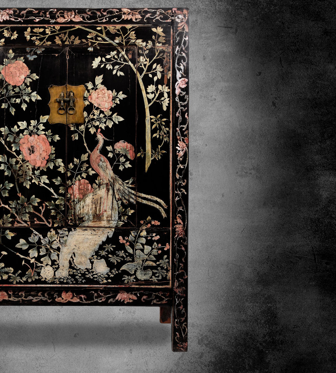 Chinese Black Lacquer Wedding Cabinet with original phoenix painting on-  19thC | Indigo Antiques