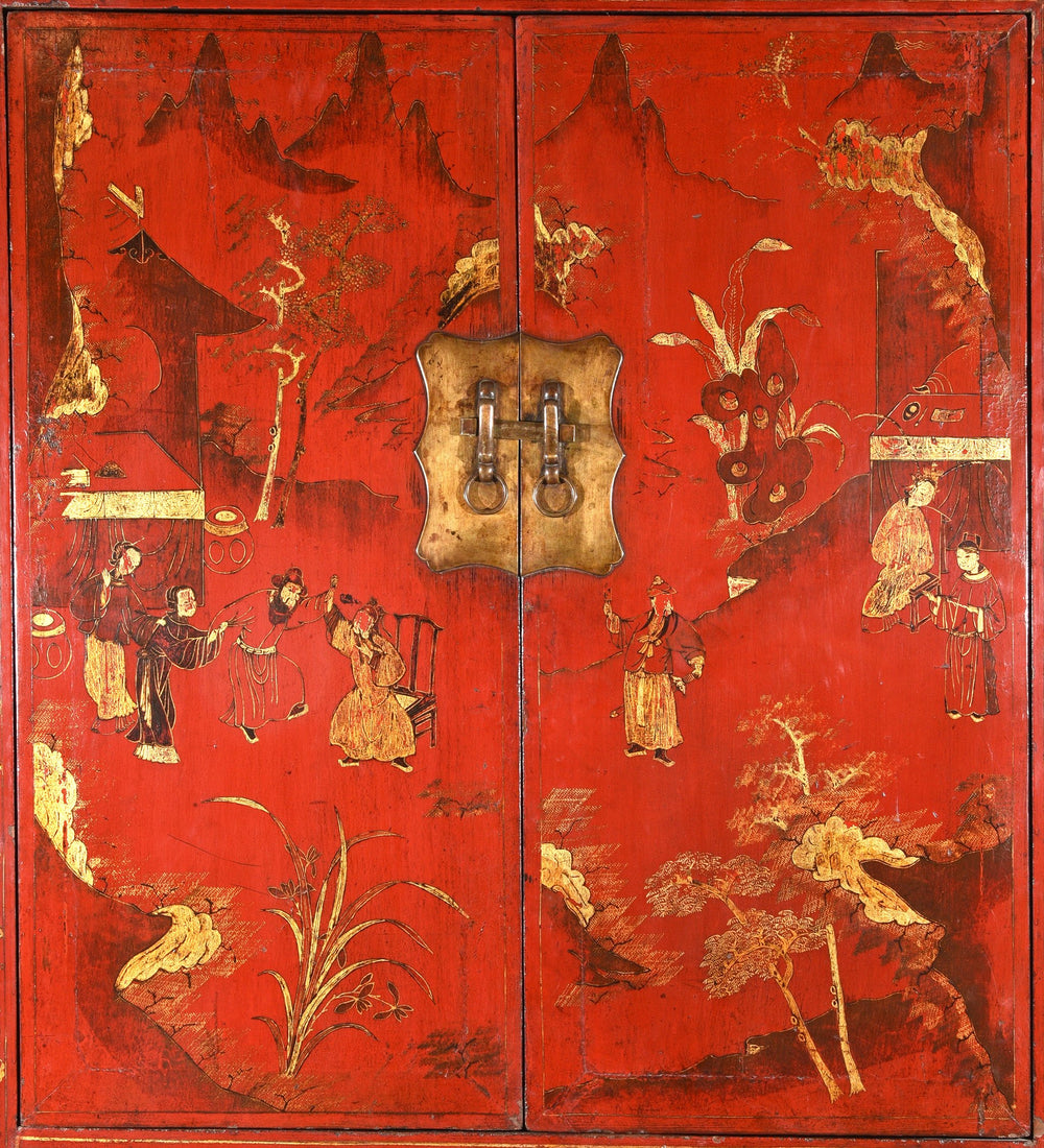 Chinese Red Lacquer Wedding Cabinet from Shanxi- 19thC
