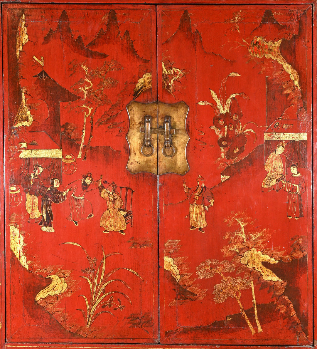 Chinese Red Lacquer Wedding Cabinet from Shanxi- 19thC