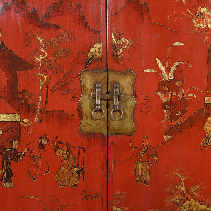 Chinese Red Lacquer Wedding Cabinet from Shanxi- 19thC