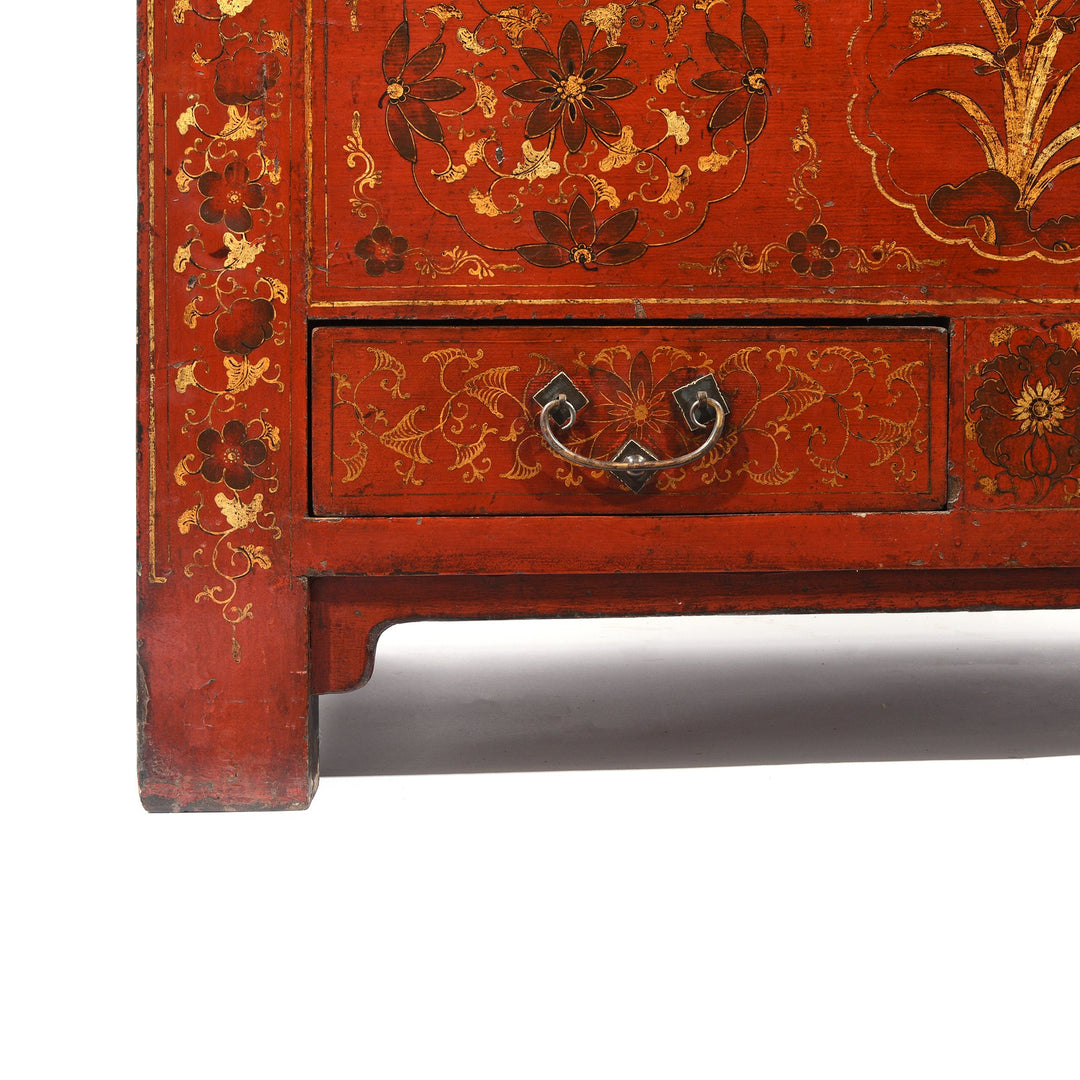 Chinese Red Lacquer Wedding Cabinet from Shanxi- 19thC