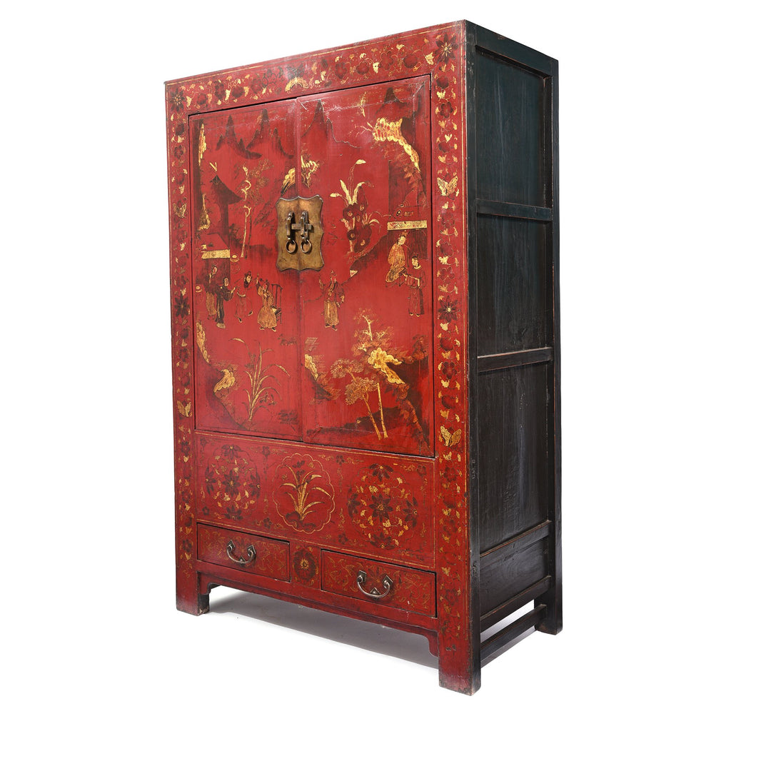 Chinese Red Lacquer Wedding Cabinet from Shanxi- 19thC