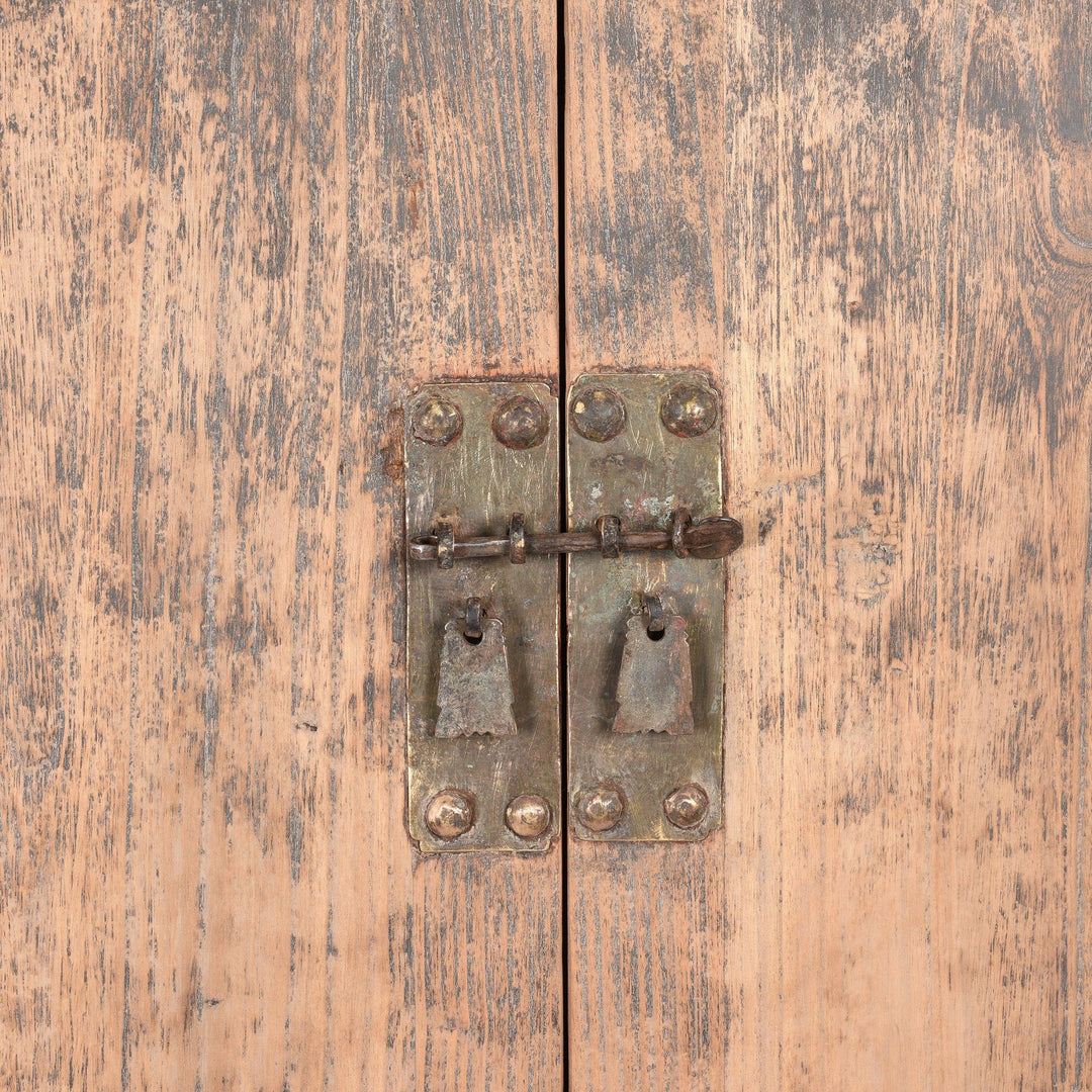 Brass hardware detail from an Antique Natural Elm Chinese Provincial Cabinet From Gansu - 19thC | Indigo Antiques
