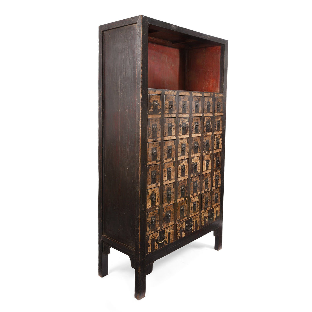 Side detail of a Antique Chinese Black & Red Lacquer Apothecary Chest From Shanxi - 19thC | Indigo Antiques