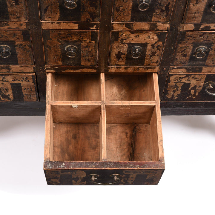 Drawer detail of a Antique Chinese Black & Red Lacquer Apothecary Chest From Shanxi - 19thC | Indigo Antiques