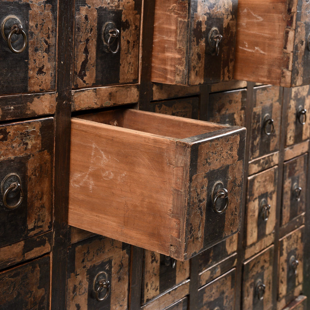 Drawer Brass detail of a Antique Chinese Black & Red Lacquer Apothecary Chest From Shanxi - 19thC | Indigo Antiques