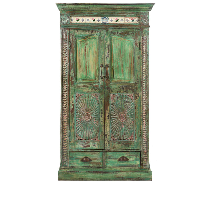 Green Painted & Carved Indian Almirah Cabinet With Sunburst Panels and Japanese Tiles - 19thC | Indigo Antiques