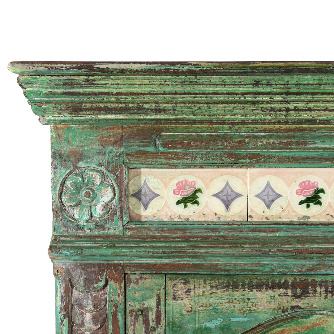 Green Painted & Carved Indian Almirah Cabinet With Sunburst Panels and Japanese Tiles - 19thC | Indigo Antiques