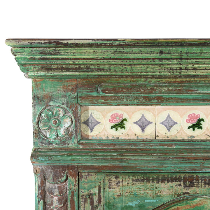 Green Painted & Carved Indian Almirah Cabinet With Sunburst Panels and Japanese Tiles - 19thC | Indigo Antiques