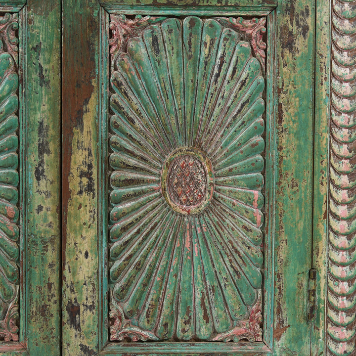 Green Painted & Carved Indian Almirah Cabinet With Sunburst Panels and Japanese Tiles - 19thC | Indigo Antiques