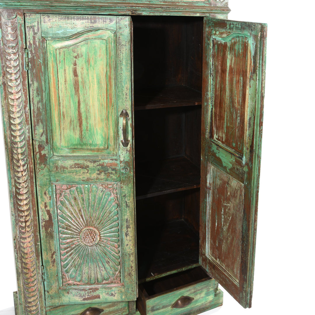 Green Painted & Carved Indian Almirah Cabinet With Sunburst Panels and Japanese Tiles - 19thC | Indigo Antiques